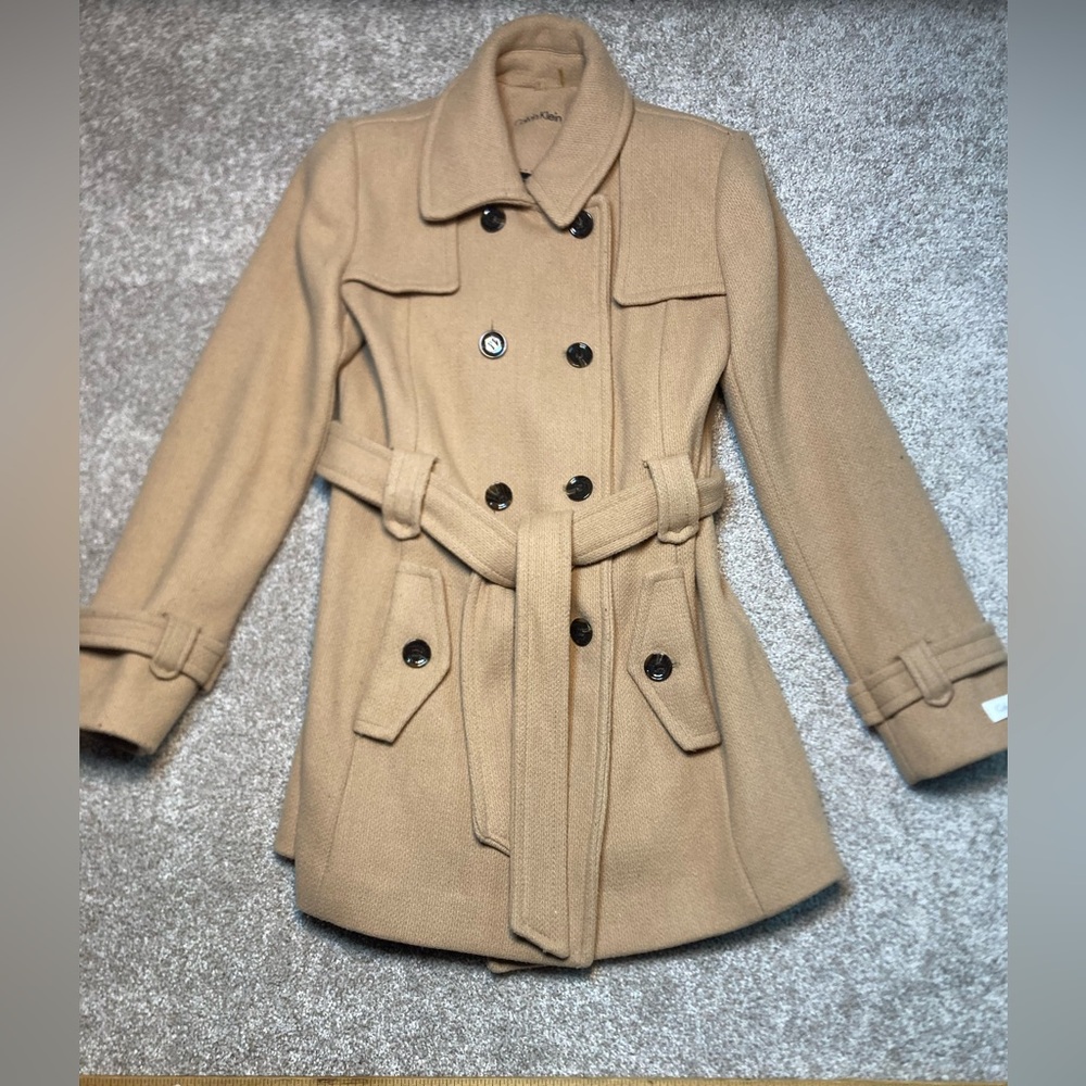 Calvin Klein Camel Wool Blend Belted Peacoat | Size Small